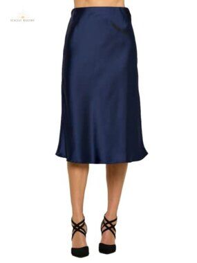 Satin Midi Skirt High Waist A-Line Elastic Made in USA